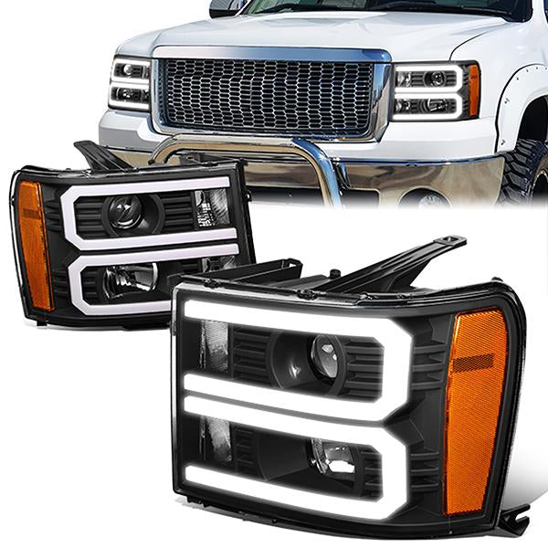 DNA Motoring, 07-14 GMC Sierra 1500 2500 3500 U-Shaped LED DRL Projector Headlights - Black Housing Amber Corner