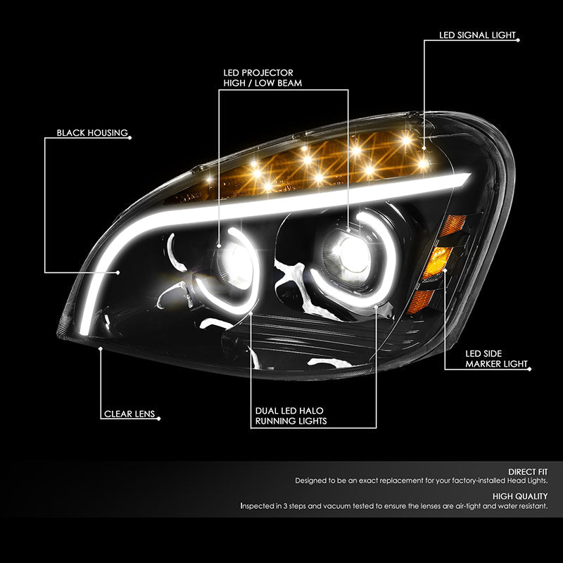 DNA Motoring, 08-17 Freightliner Cascadia LED DRL+Turn Signal Projector Headlights - Black Housing