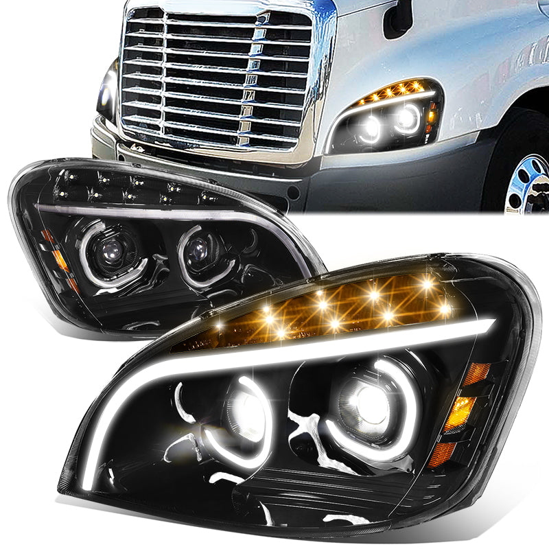 DNA Motoring, 08-17 Freightliner Cascadia LED DRL+Turn Signal Projector Headlights - Black Housing