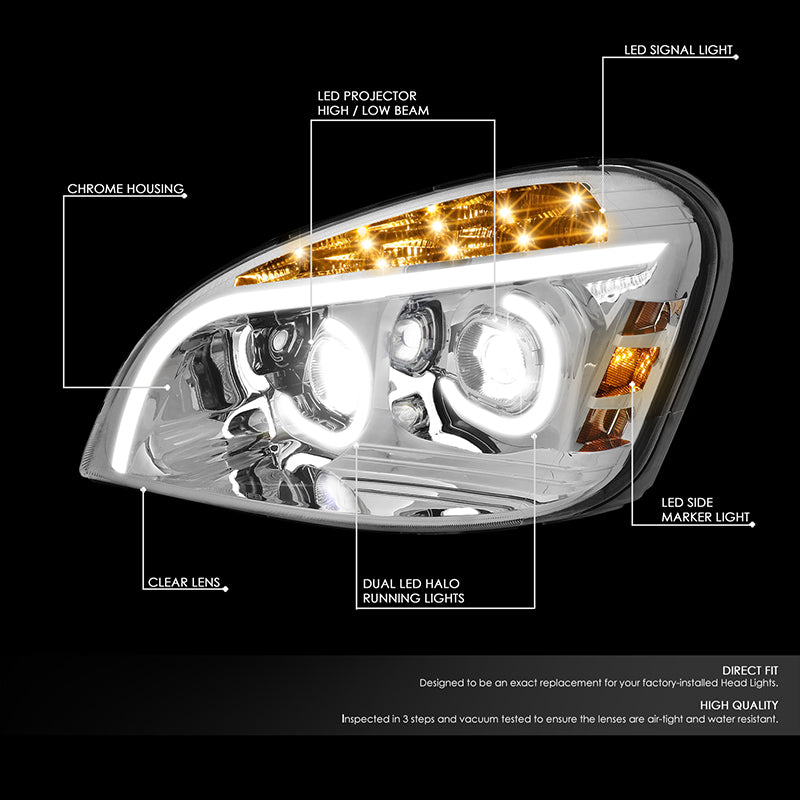 DNA Motoring, 08-17 Freightliner Cascadia LED DRL+Turn Signal Projector Headlights - Chrome Housing