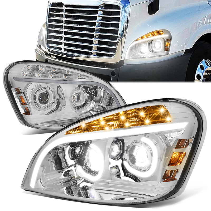 DNA Motoring, 08-17 Freightliner Cascadia LED DRL+Turn Signal Projector Headlights - Chrome Housing