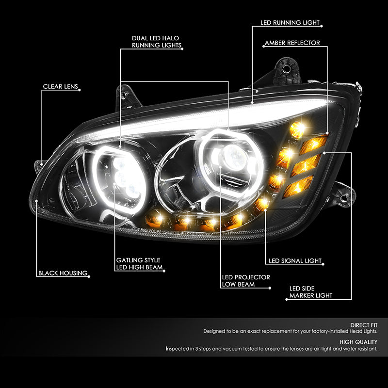 DNA Motoring, 08-19 Kenworth T170 T270 T370 T300 T660 T700 Full LED Projector Headlights (Black Housing)