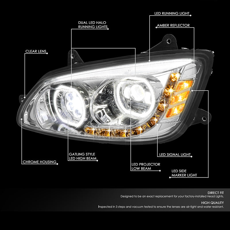 DNA Motoring, 08-19 Kenworth T170 T270 T370 T300 T660 T700 Full LED Projector Headlights (Chrome Housing)