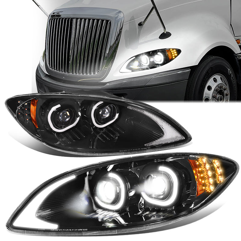 DNA Motoring, 09-18 International Harvester ProStar Full LED Projector Headlights - C-Style Halo DRL (Black Housing)