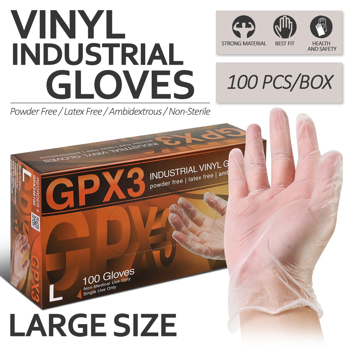 CAAP, [100 Pc/Box] Large Size Vinyl Disposable Gloves - Latex Free/ Powder Free/ Non-Sterile