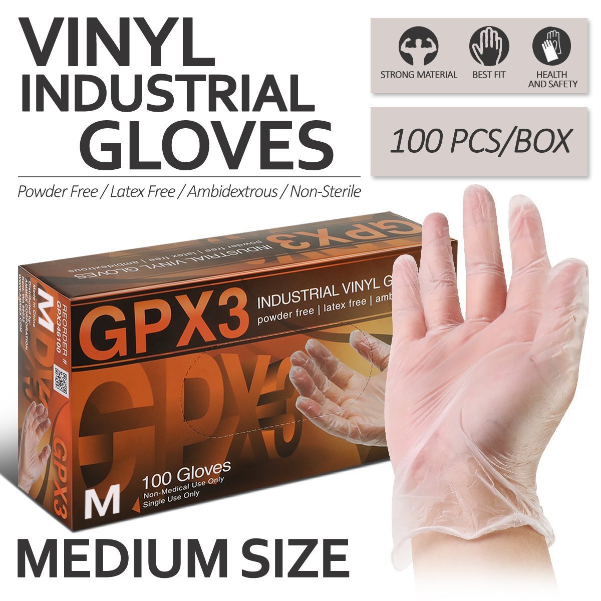 CAAP, [100 Pc/Box] Medium Size Vinyl Disposable Gloves - Latex Free/ Powder Free/ Non-Sterile