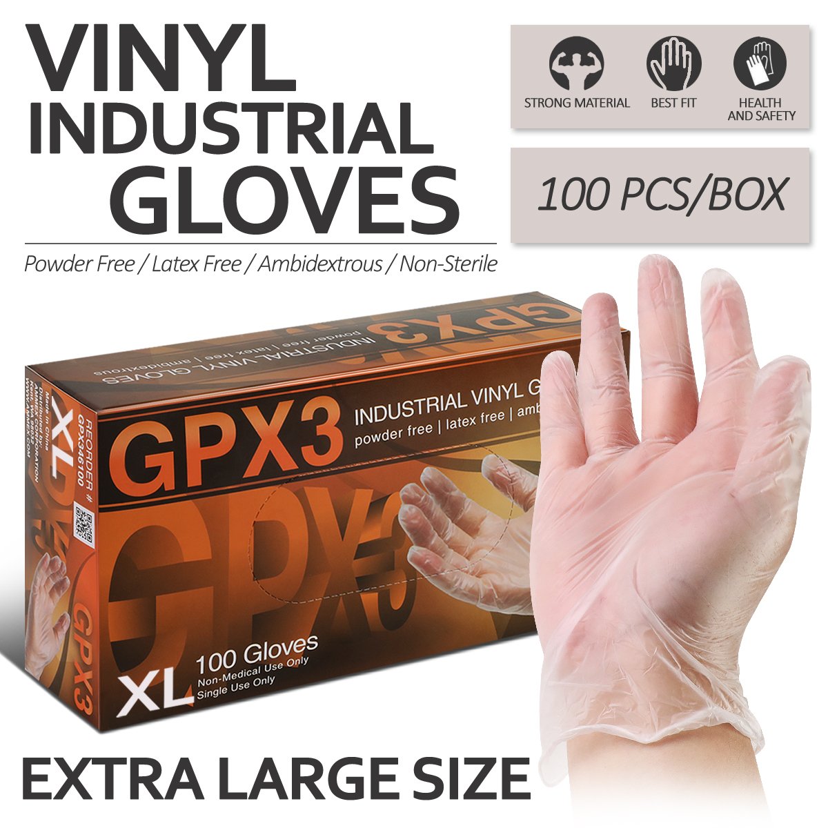 CAAP, [100 Pc/Box] X-Large Size Vinyl Disposable Gloves - Latex Free/ Powder Free/ Non-Sterile