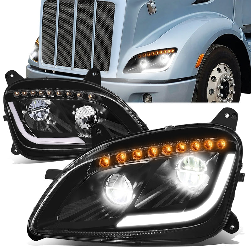 DNA Motoring, 11-20 Peterbilt 579 587 LED DRL Sequential Signal Headlights Black Housing