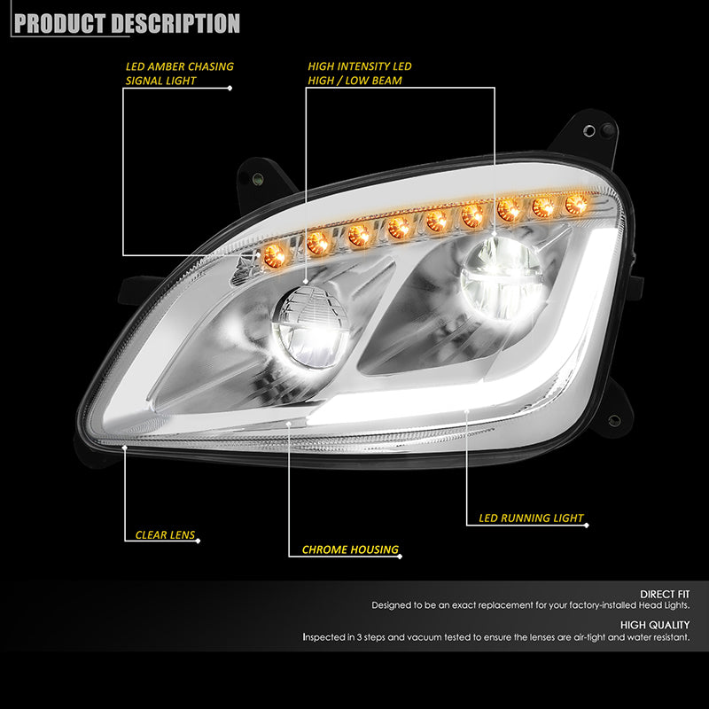 DNA Motoring, 11-20 Peterbilt 579 587 LED DRL Sequential Signal Headlights Chrome Housing