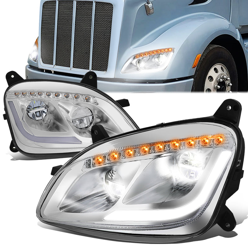 DNA Motoring, 11-20 Peterbilt 579 587 LED DRL Sequential Signal Headlights Chrome Housing