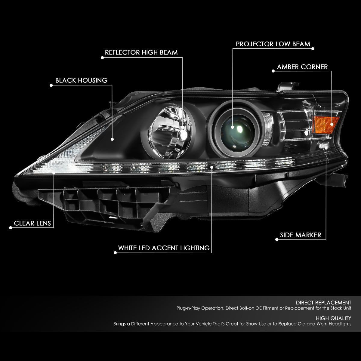 DNA Motoring, 13-15 Lexus RX350 RX450H Projector Headlights w/LED DRL - Black Amber