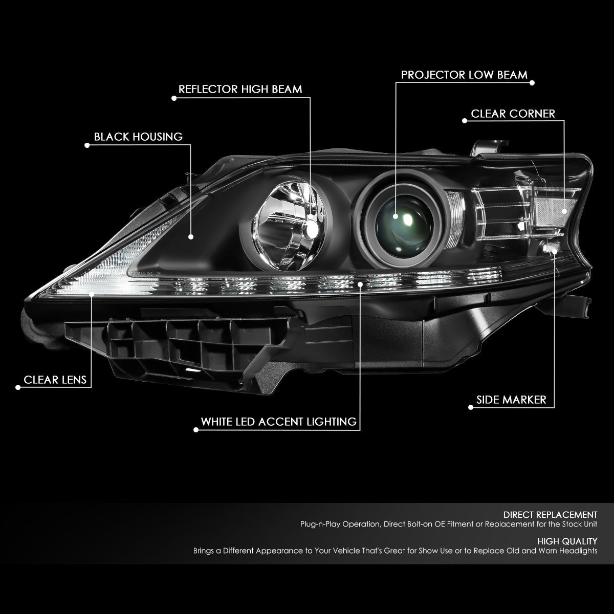 DNA Motoring, 13-15 Lexus RX350 RX450H Projector Headlights w/LED DRL - Black Clear