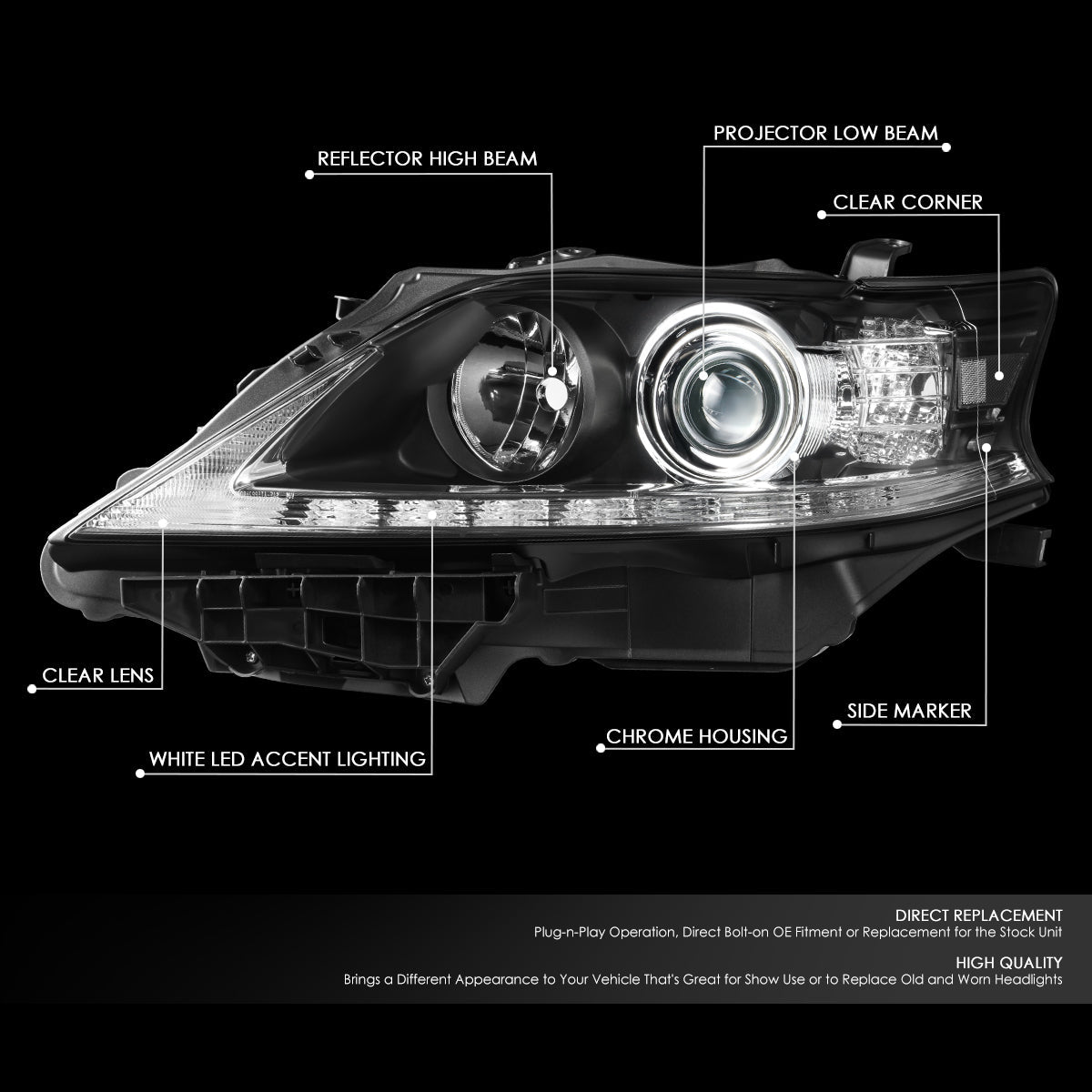 DNA Motoring, 13-15 Lexus RX350 RX450H Projector Headlights w/LED DRL - Chrome Clear