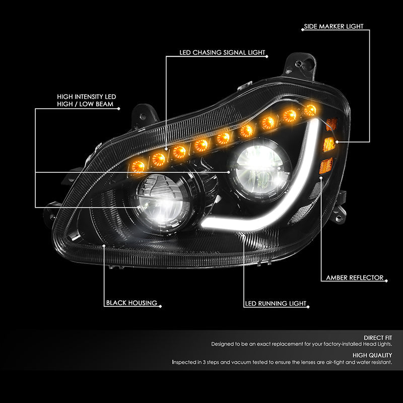 DNA Motoring, 13-21 Kenworth T680 LED DRL Sequential Turn Signal Headlights - Black Housing