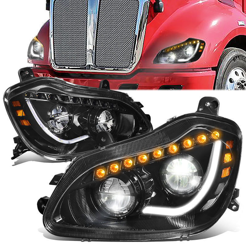 DNA Motoring, 13-21 Kenworth T680 LED DRL Sequential Turn Signal Headlights - Black Housing