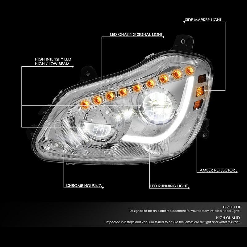 DNA Motoring, 13-21 Kenworth T680 LED DRL Sequential Turn Signal Headlights - Chrome Housing