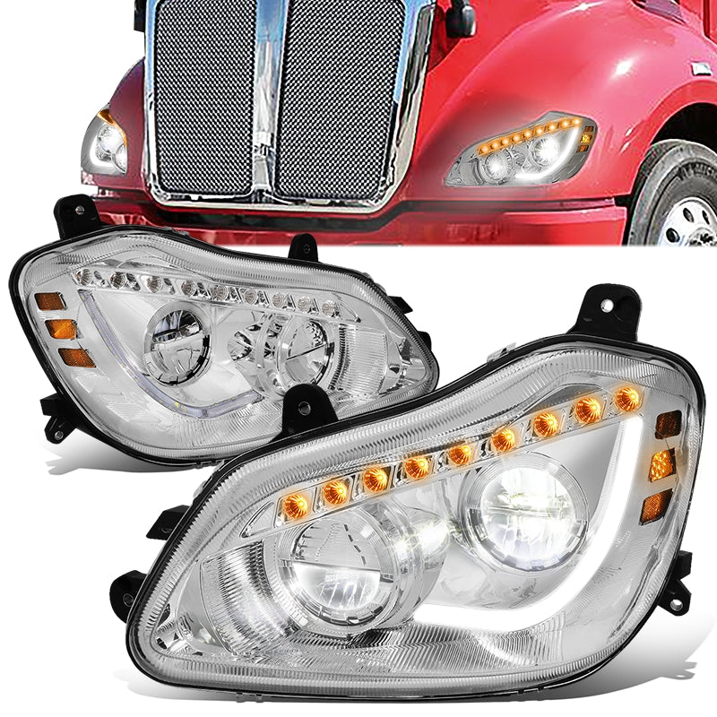 DNA Motoring, 13-21 Kenworth T680 LED DRL Sequential Turn Signal Headlights - Chrome Housing