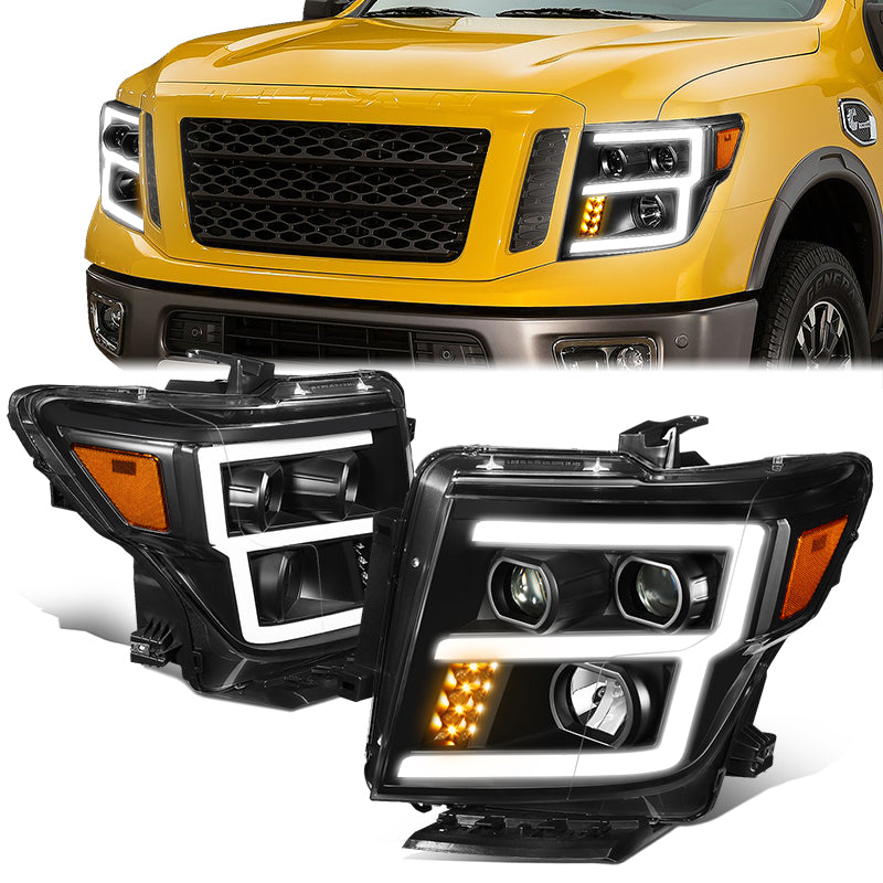 DNA Motoring, 16-22 Nissan Titan XD E-LED DRL Projector Headlights - Black Housing Amber Corner