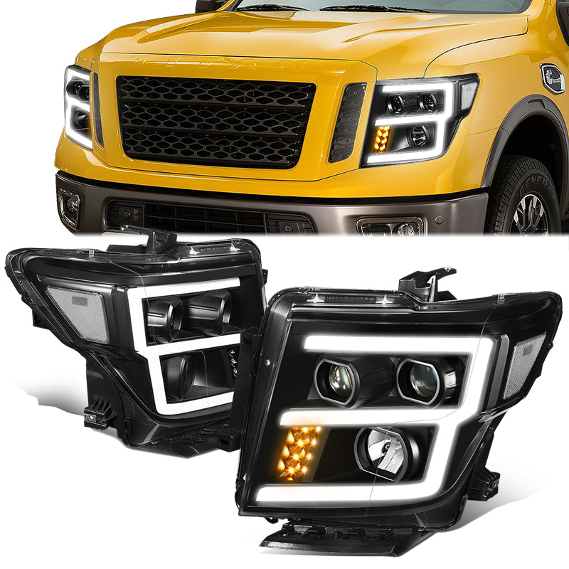 DNA Motoring, 16-22 Nissan Titan XD E-LED DRL Projector Headlights - Black Housing Clear Corner