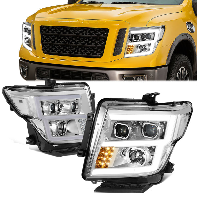 DNA Motoring, 16-22 Nissan Titan XD E-LED DRL Projector Headlights - Chrome Housing Clear Corner