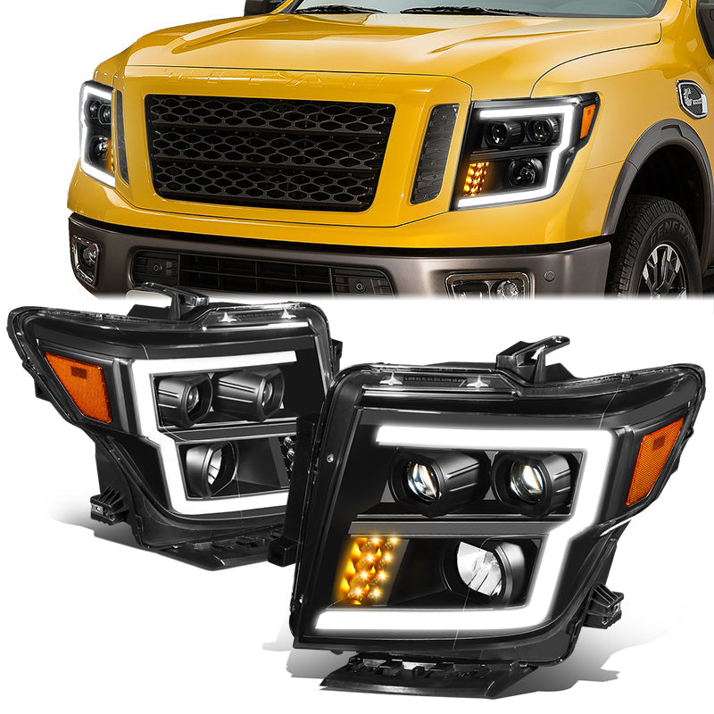 DNA Motoring, 16-22 Nissan Titan XD LED DRL Projector Headlights - Black Housing Amber Corner