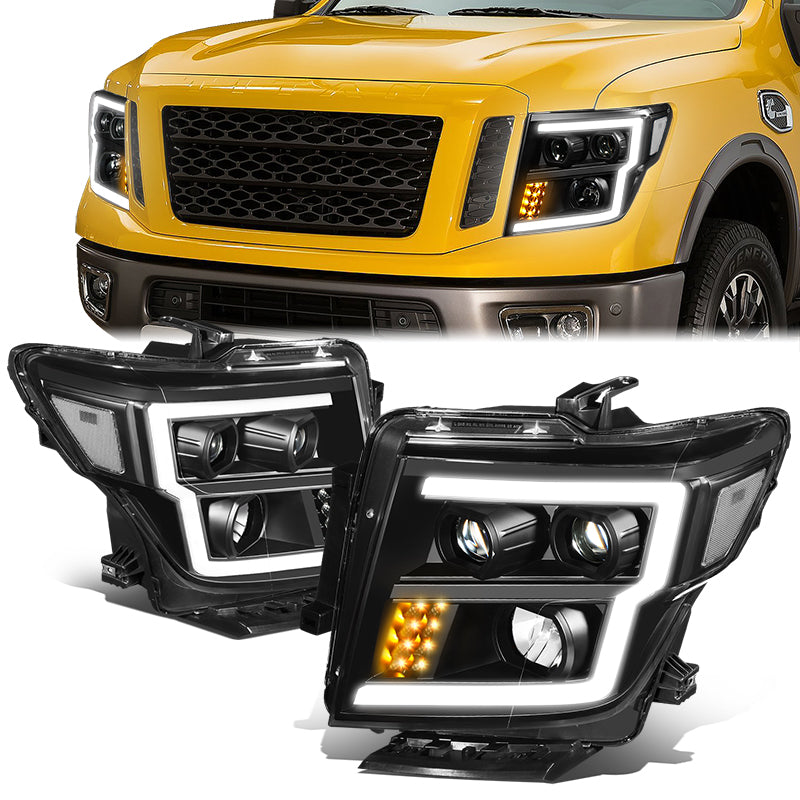 DNA Motoring, 16-22 Nissan Titan XD LED DRL Projector Headlights - Black Housing Clear Corner