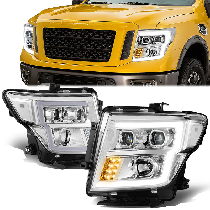 DNA Motoring, 16-22 Nissan Titan XD LED DRL Projector Headlights - Chrome Housing Clear Corner