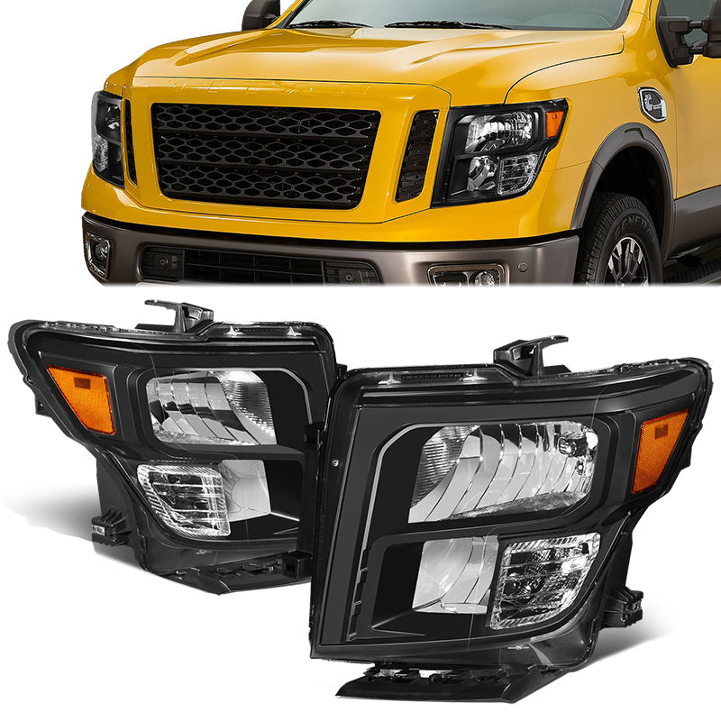 DNA Motoring, 16-22 Nissan Titan XD OE Style Headlights - Black Housing Amber Corner