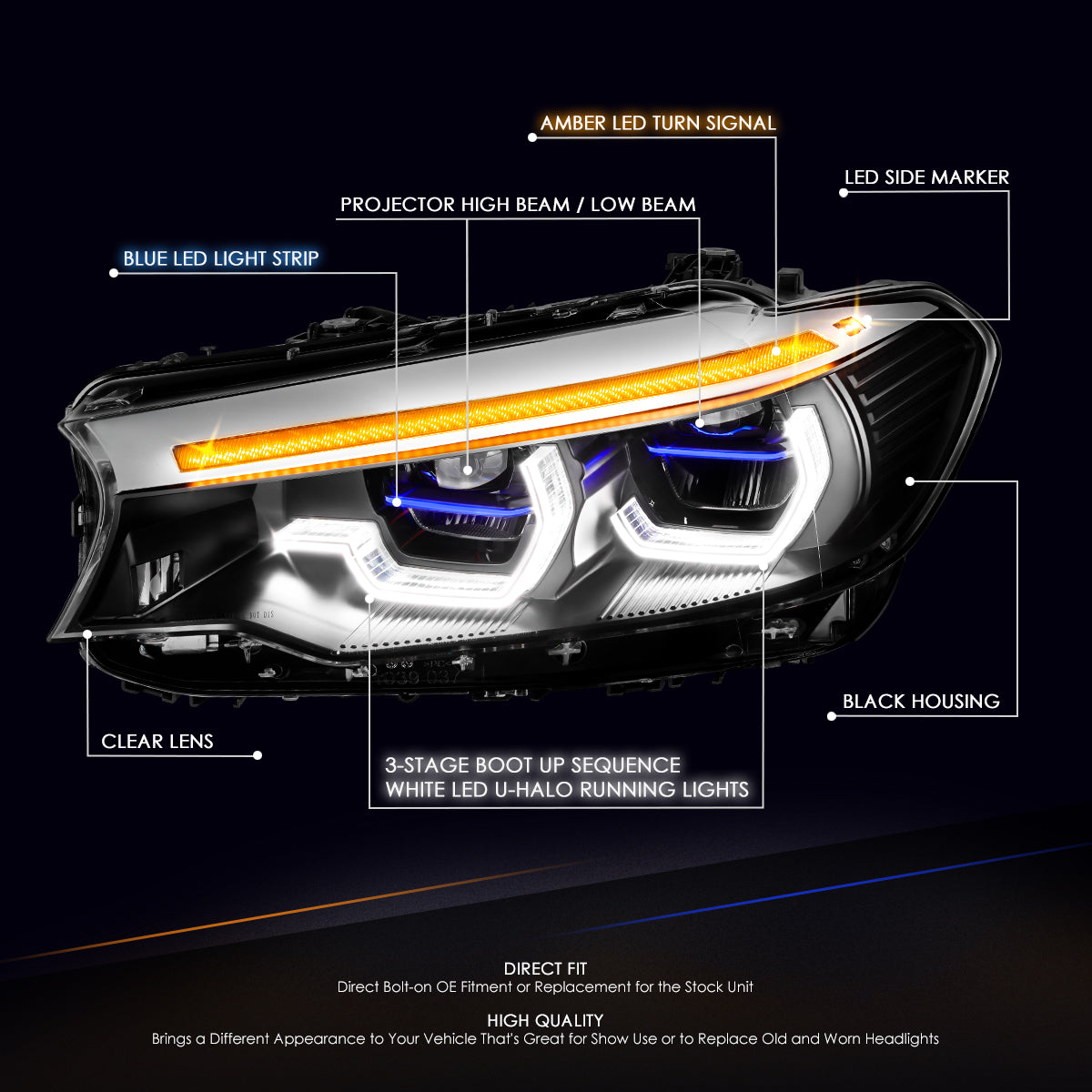 DNA Motoring, 17-20 BMW 5-Series G30 3-Stage Sequential LED DRL+Turn Signal Projector Headlights - Black Housing