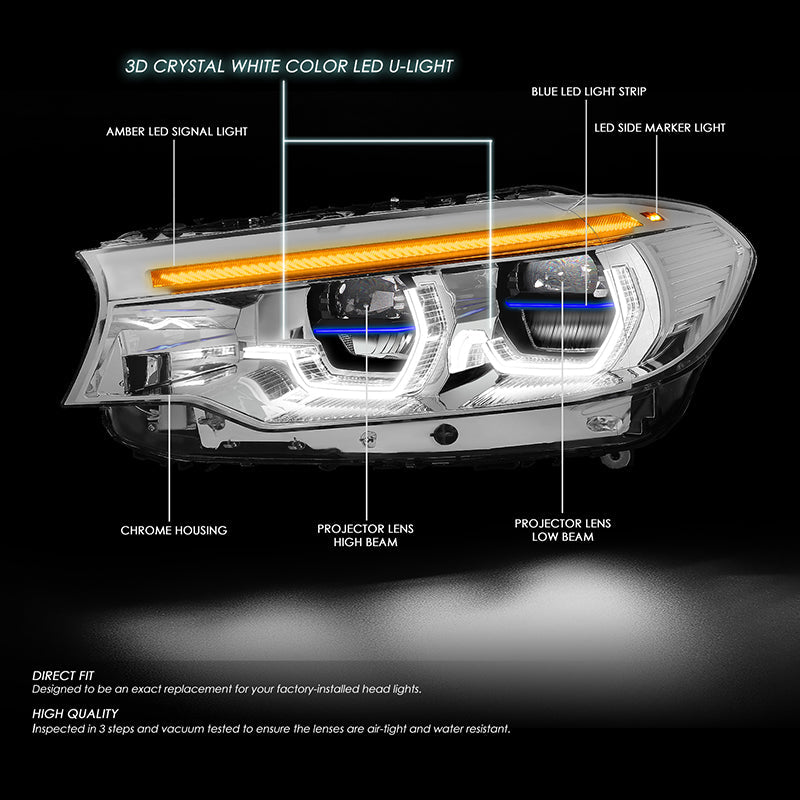 DNA Motoring, 17-20 BMW 530i 540i G30 3-Stage Boot-Up Sequencial LED DRL Projector Headlights