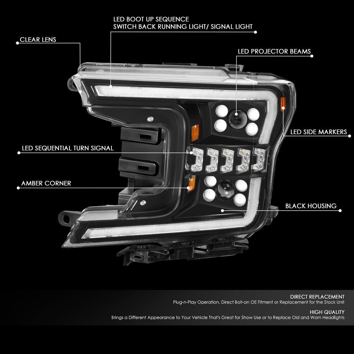 DNA Motoring, 18-20 Ford F150 LED DRL Sequential Signal Switchback Projector Headlights - Black Housing