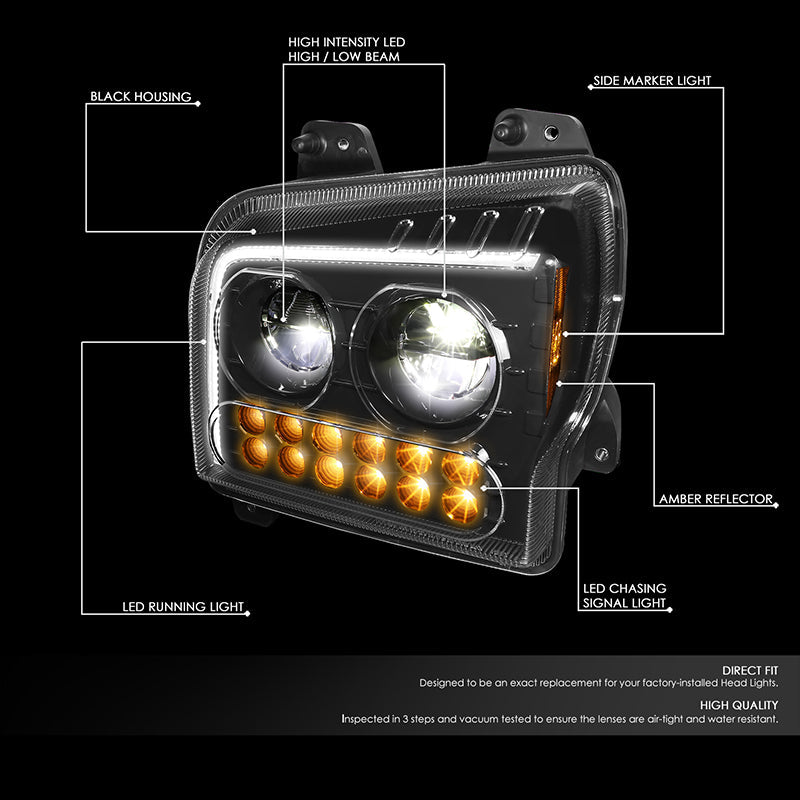 DNA Motoring, 19-22 Kenworth W990 LED DRL Sequential Turn Signal Headlights - Black Housing