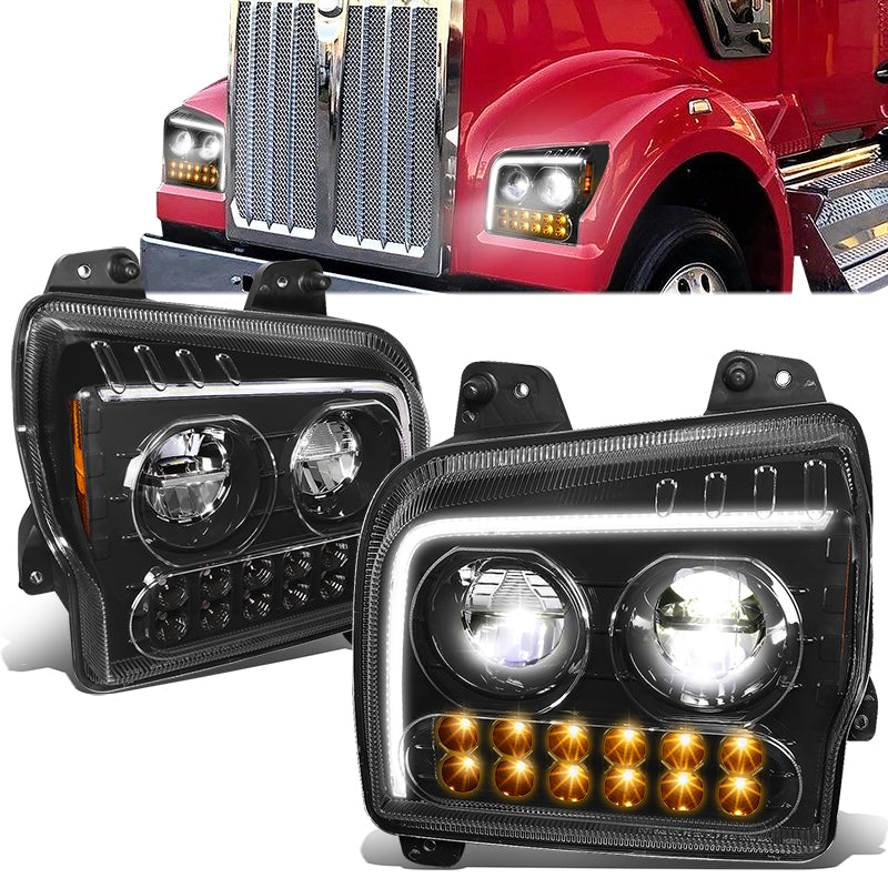 DNA Motoring, 19-22 Kenworth W990 LED DRL Sequential Turn Signal Headlights - Black Housing