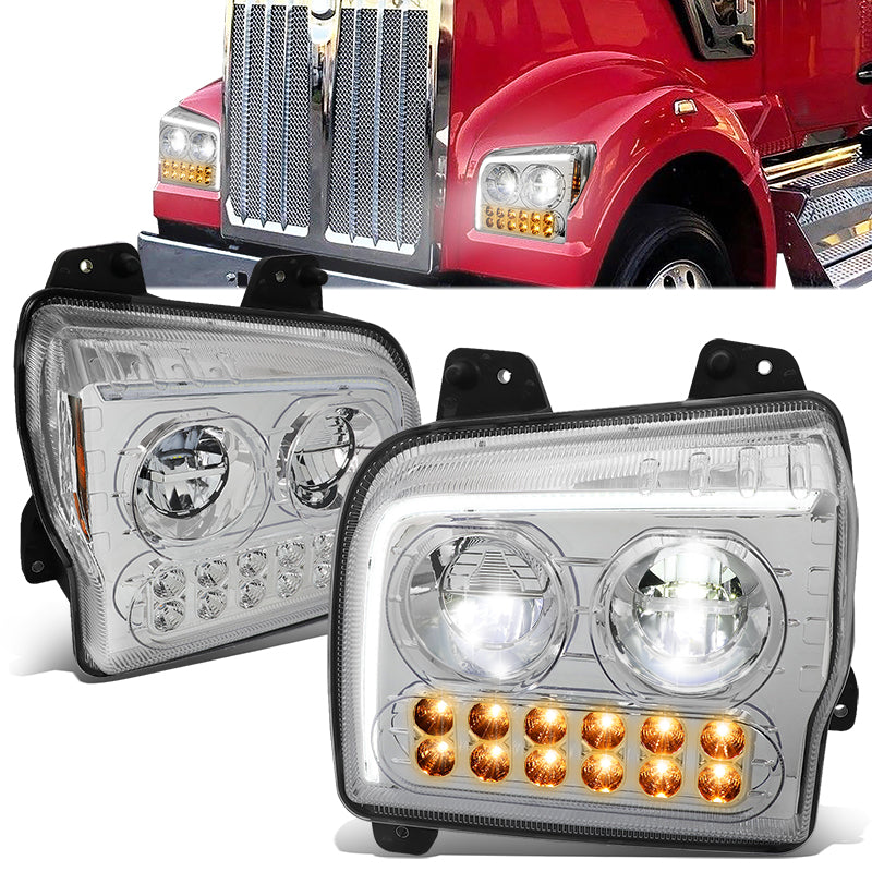 DNA Motoring, 19-22 Kenworth W990 LED DRL Sequential Turn Signal Headlights - Chrome Housing