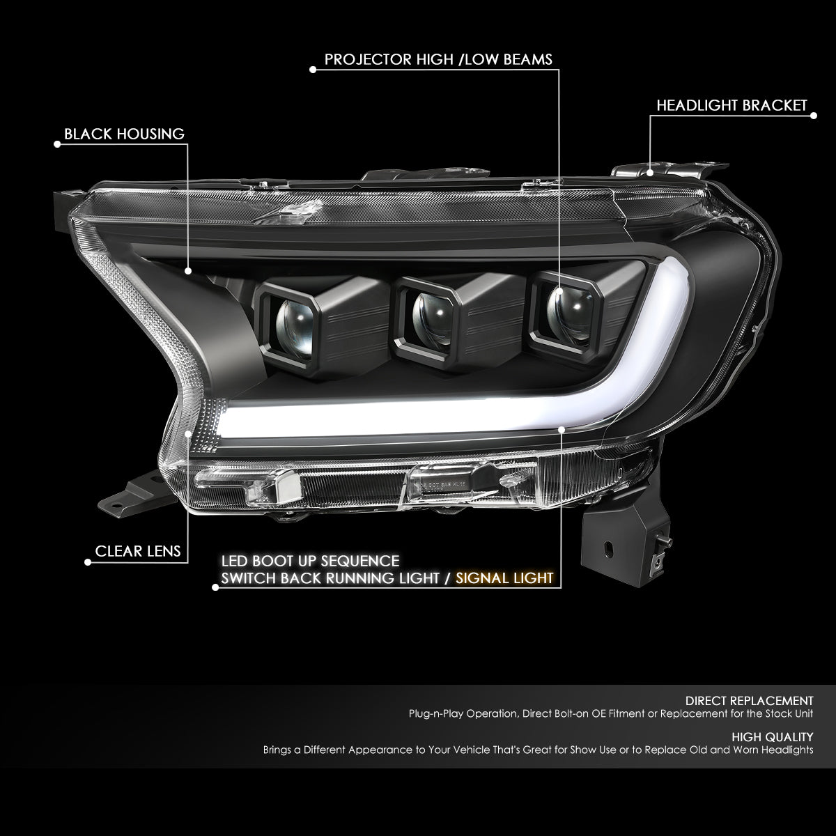 DNA Motoring, 19-23 Ford Ranger Lariat Switchback LED DRL Signal Projector Headlights - Black