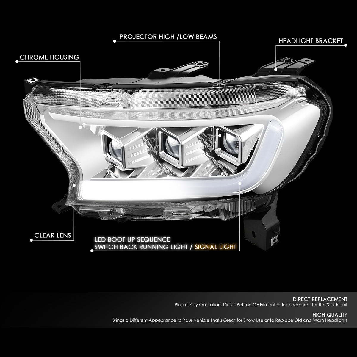 DNA Motoring, 19-23 Ford Ranger Lariat Switchback LED DRL Signal Projector Headlights - Chrome