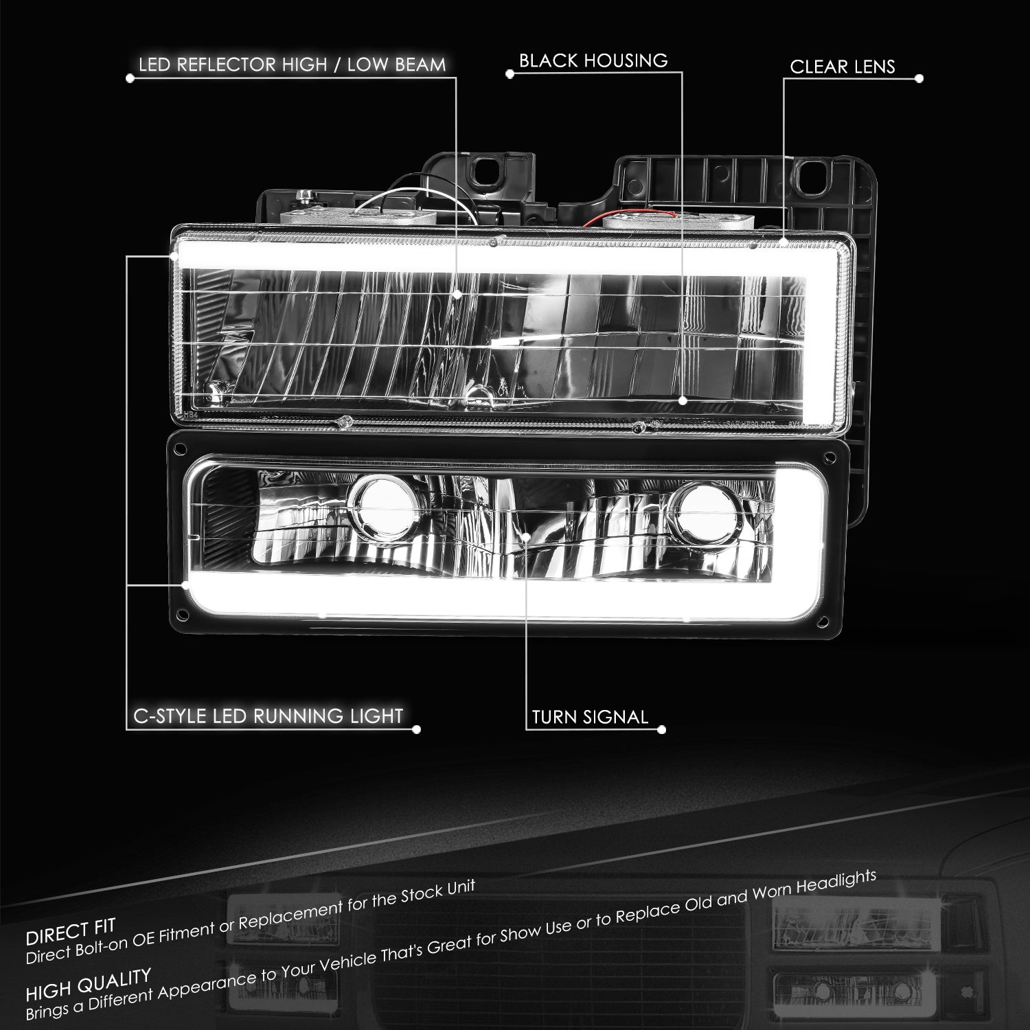 DNA Motoring, 4pcs C-Shape LED DRL Headlight Set (Black) 88-02 Chevy GMC C10 C/K Pickup, Suburban