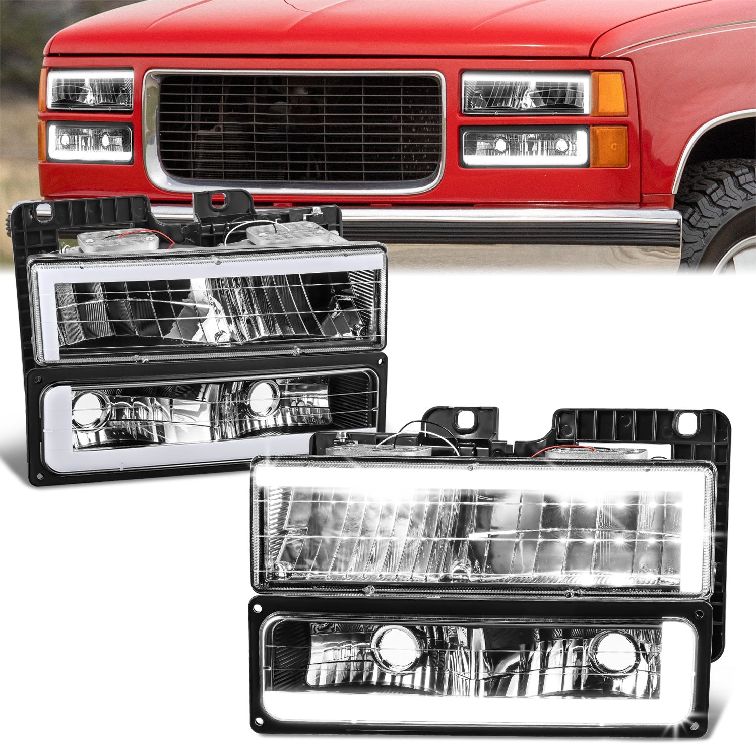 DNA Motoring, 4pcs C-Shape LED DRL Headlight Set (Black) 88-02 Chevy GMC C10 C/K Pickup, Suburban