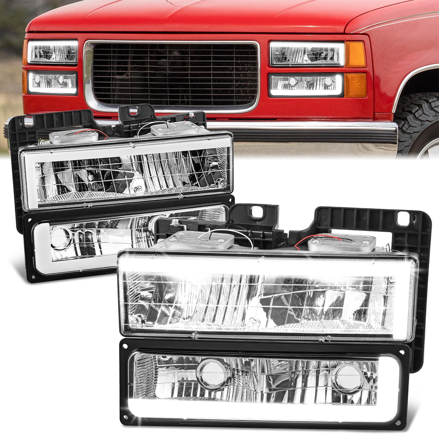 DNA Motoring, 4pcs C-Shape LED DRL Headlight Set (Chrome) 88-02 Chevy GMC C10 C/K Pickup, Suburban