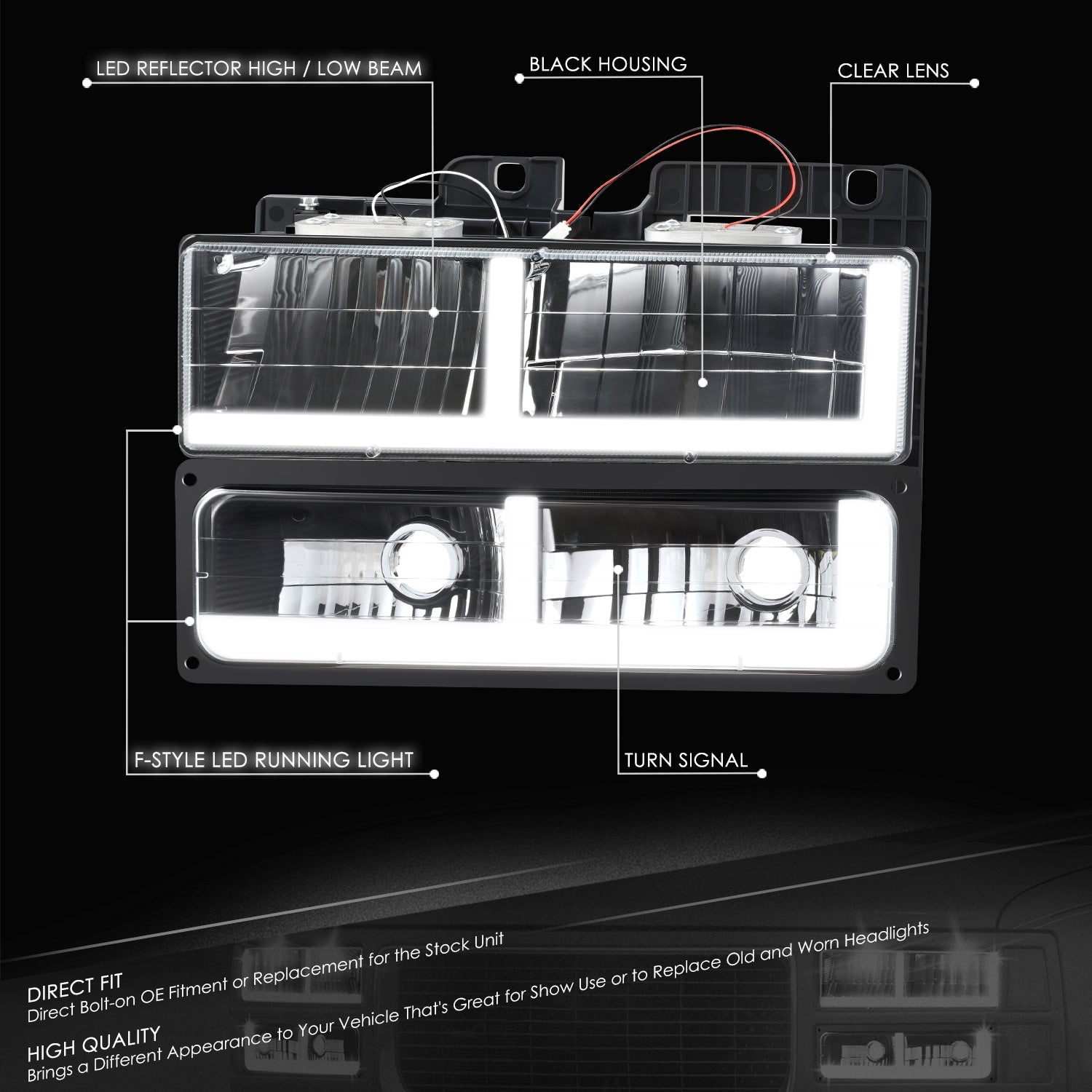 DNA Motoring, 4pcs F-Style LED DRL Headlight Set (Black) 88-02 Chevy GMC C10 C/K Pickup, Suburban