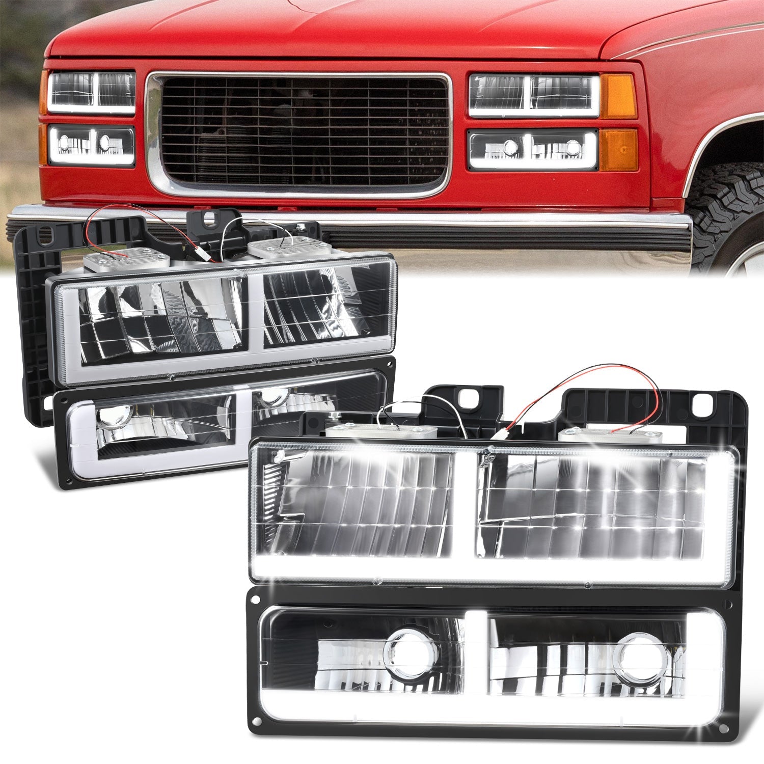 DNA Motoring, 4pcs F-Style LED DRL Headlight Set (Black) 88-02 Chevy GMC C10 C/K Pickup, Suburban