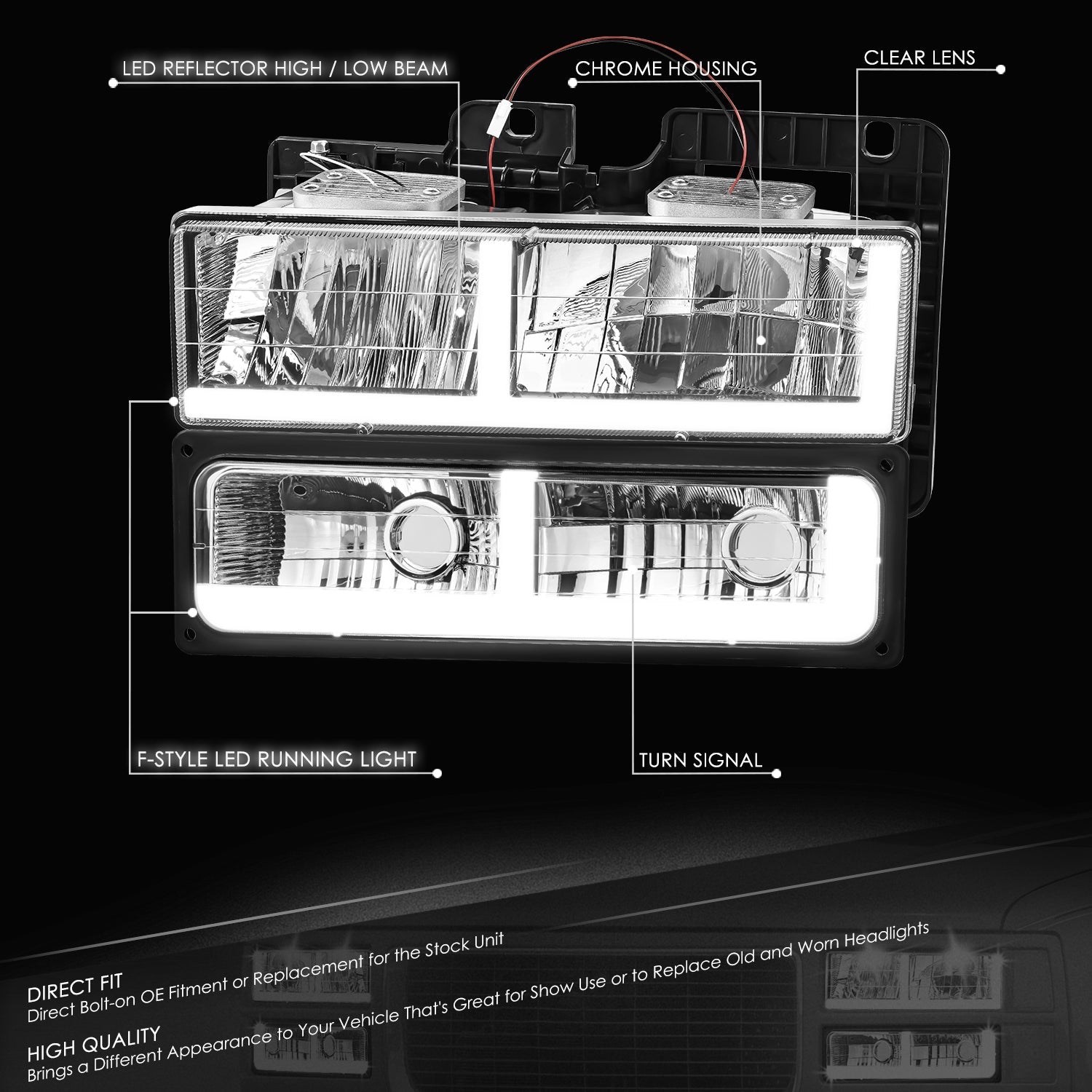 DNA Motoring, 4pcs F-Style LED DRL Headlight Set (Chrome) 88-02 Chevy GMC C10 C/K Pickup, Suburban