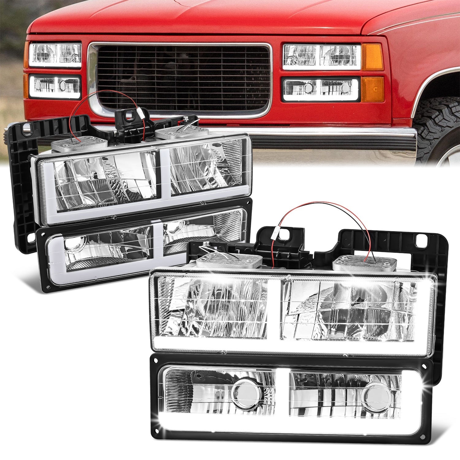 DNA Motoring, 4pcs F-Style LED DRL Headlight Set (Chrome) 88-02 Chevy GMC C10 C/K Pickup, Suburban