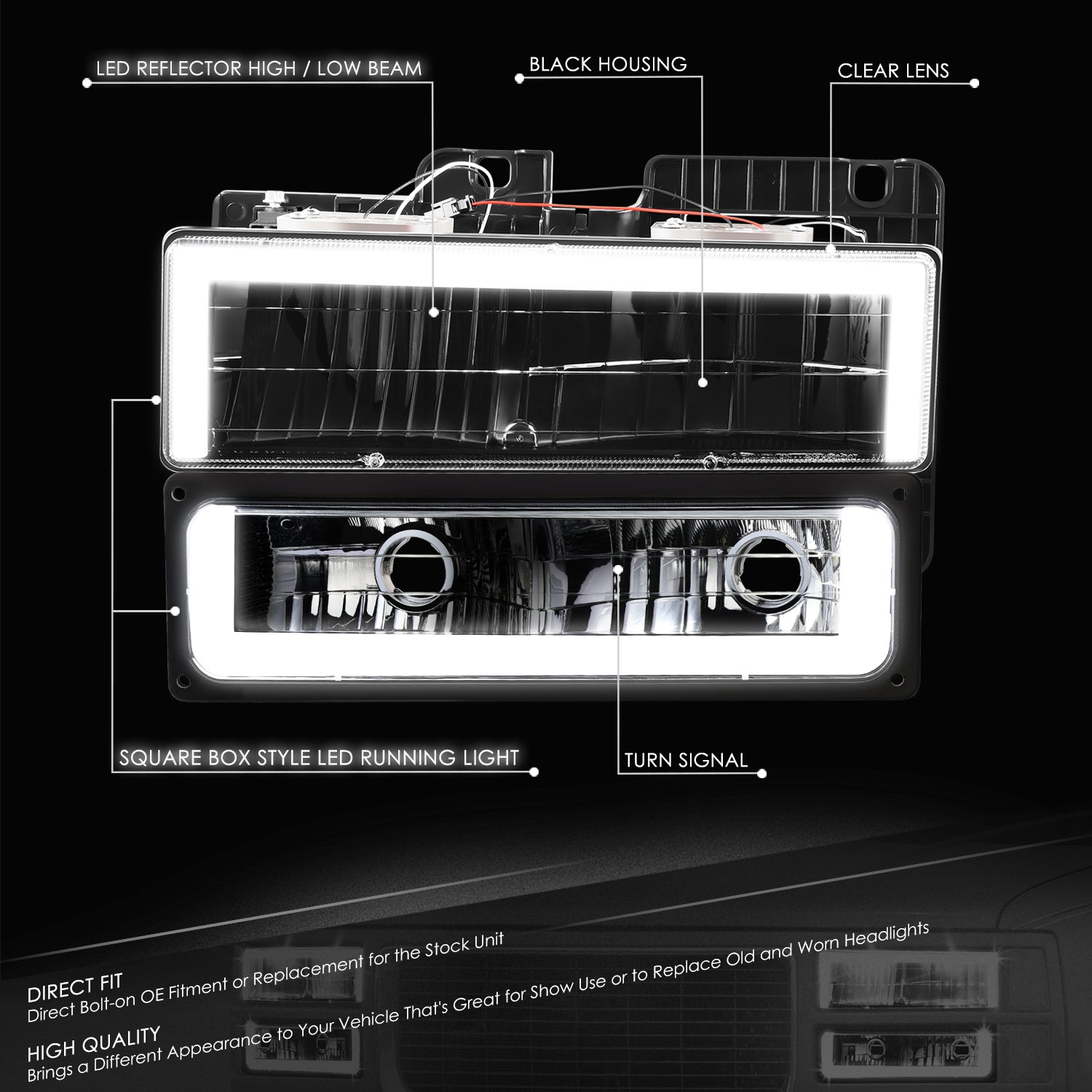 DNA Motoring, 4pcs Square Box LED DRL Headlight Set (Black) 88-02 Chevy GMC C10 C/K Pickup, Suburban