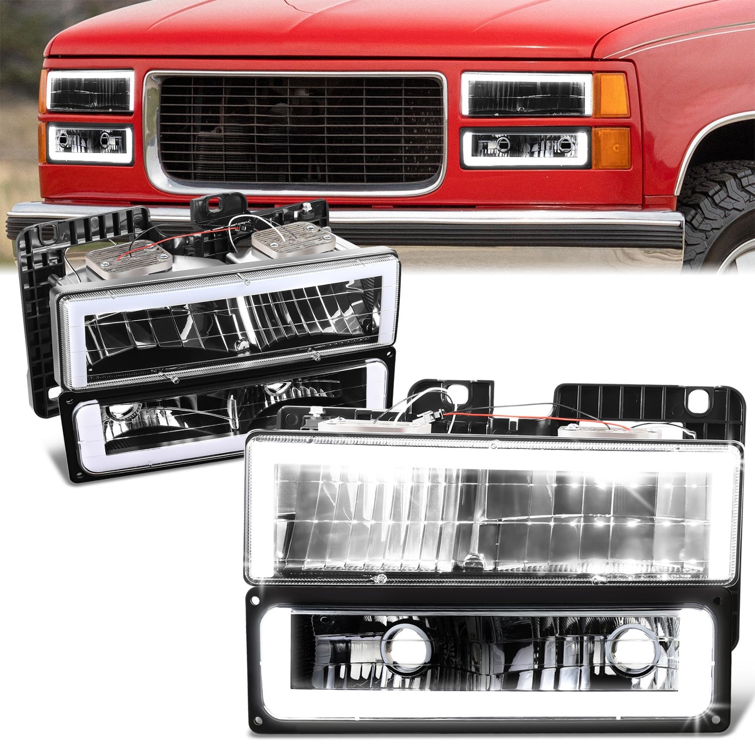 DNA Motoring, 4pcs Square Box LED DRL Headlight Set (Black) 88-02 Chevy GMC C10 C/K Pickup, Suburban