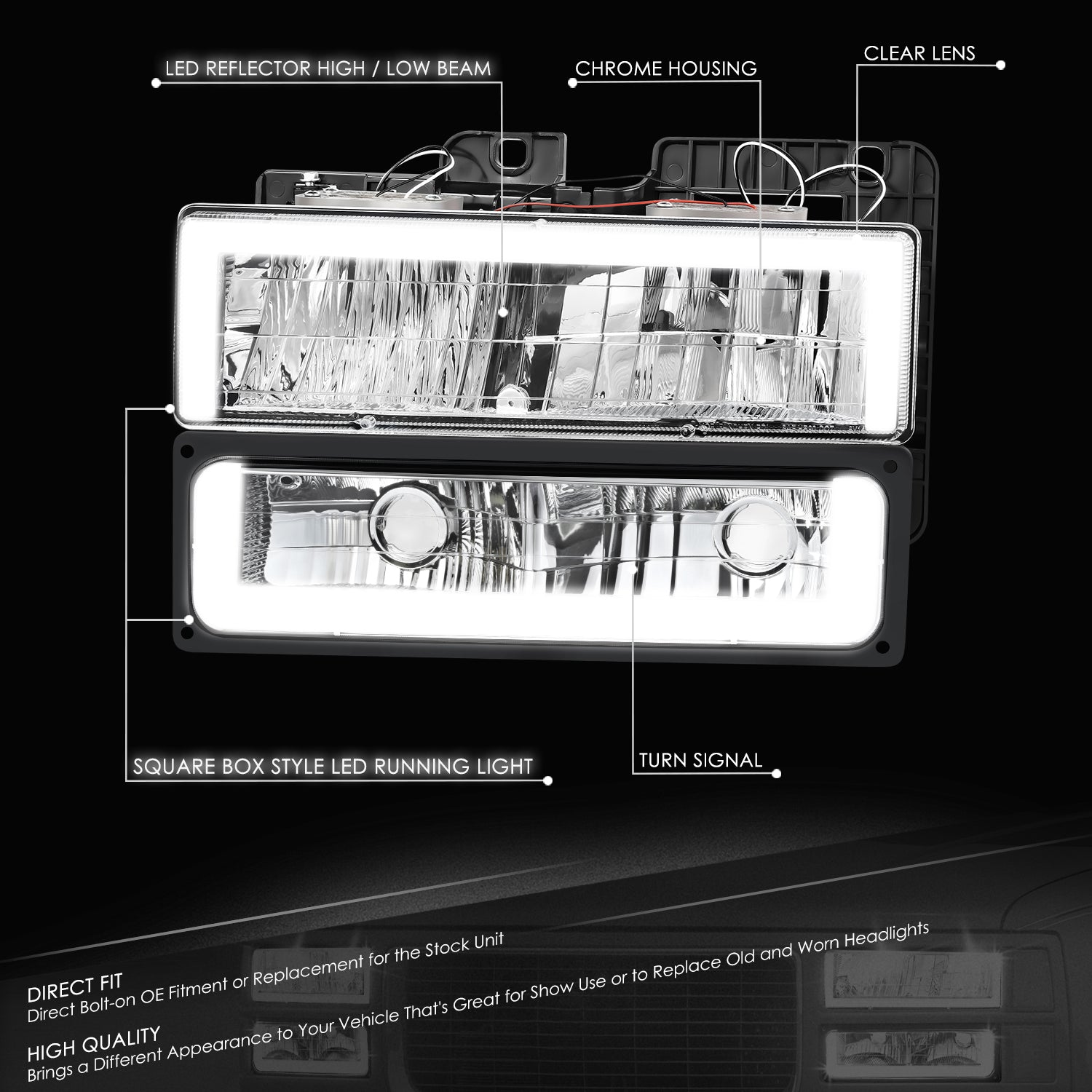 DNA Motoring, 4pcs Square Box LED DRL Headlight Set (Chrome) 88-02 Chevy GMC C10 C/K Pickup, Suburban