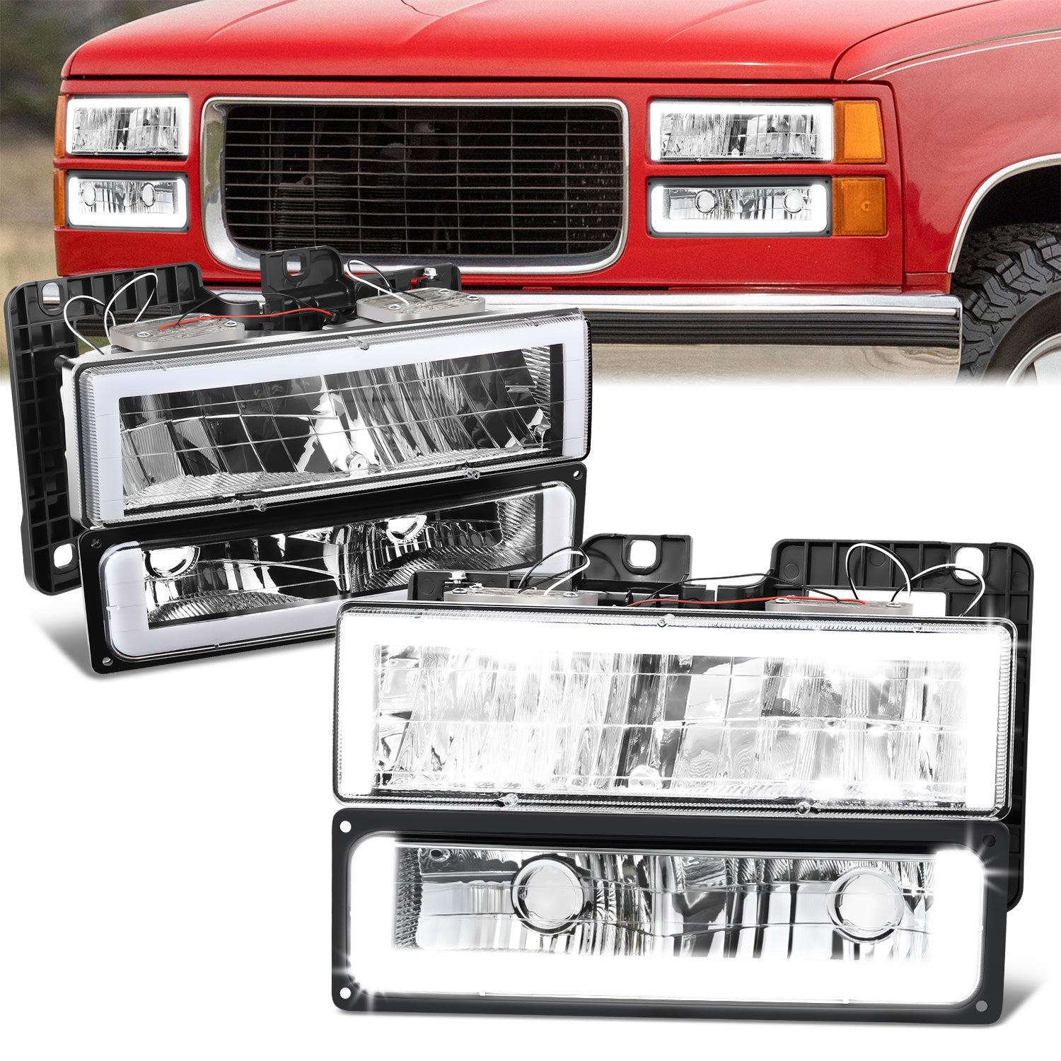 DNA Motoring, 4pcs Square Box LED DRL Headlight Set (Chrome) 88-02 Chevy GMC C10 C/K Pickup, Suburban