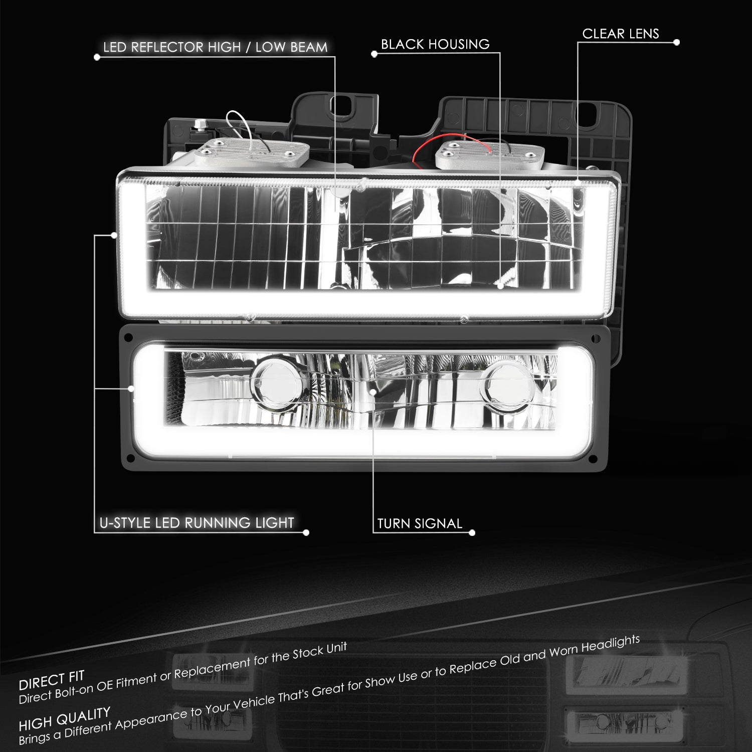 DNA Motoring, 4pcs U-Shape LED DRL Headlight Set (Black) 88-02 Chevy GMC C10 C/K Pickup, Suburban