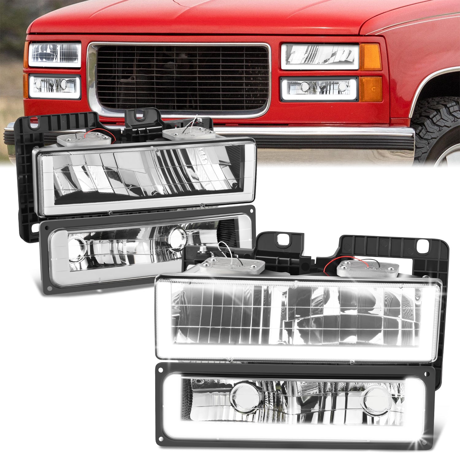 DNA Motoring, 4pcs U-Shape LED DRL Headlight Set (Black) 88-02 Chevy GMC C10 C/K Pickup, Suburban