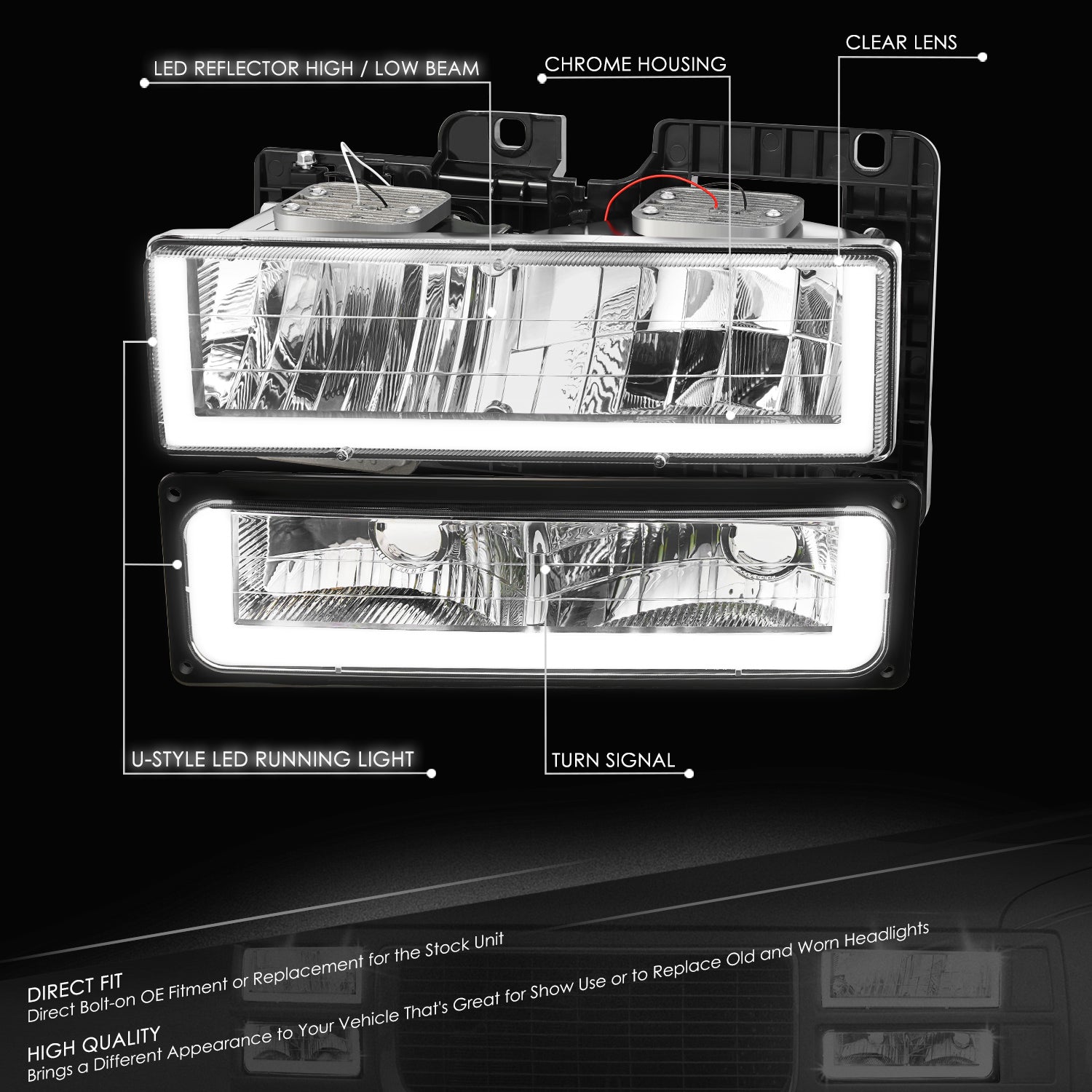 DNA Motoring, 4pcs U-Shape LED DRL Headlight Set (Chrome) 88-02 Chevy GMC C10 C/K Pickup, Suburban